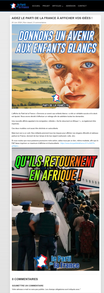Page du site du Parti de la France